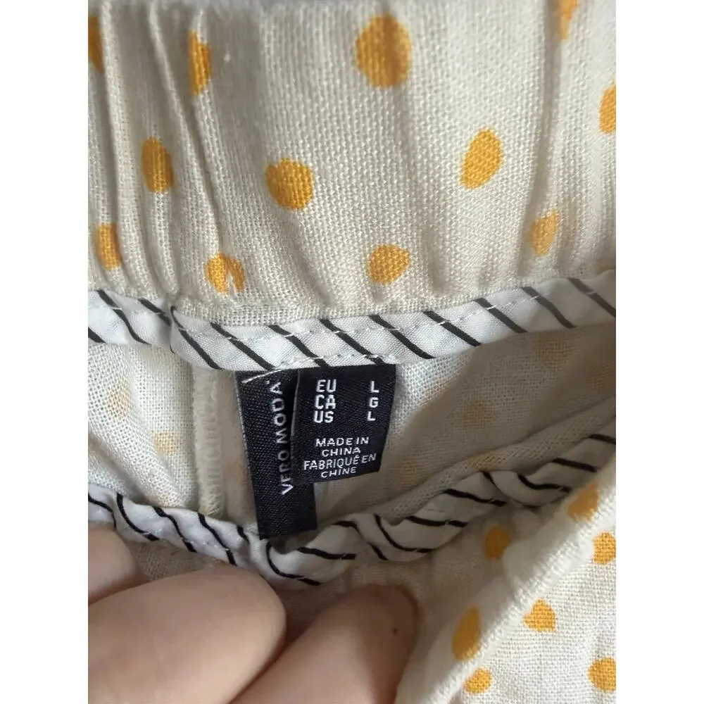 Vero Moda Cream Yellow Polka Dot Linen Blend Pull On Shorts Womens L